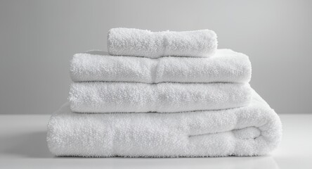 Stacked fluffy white bath towels on a clean surface, folded neatly for storage or display