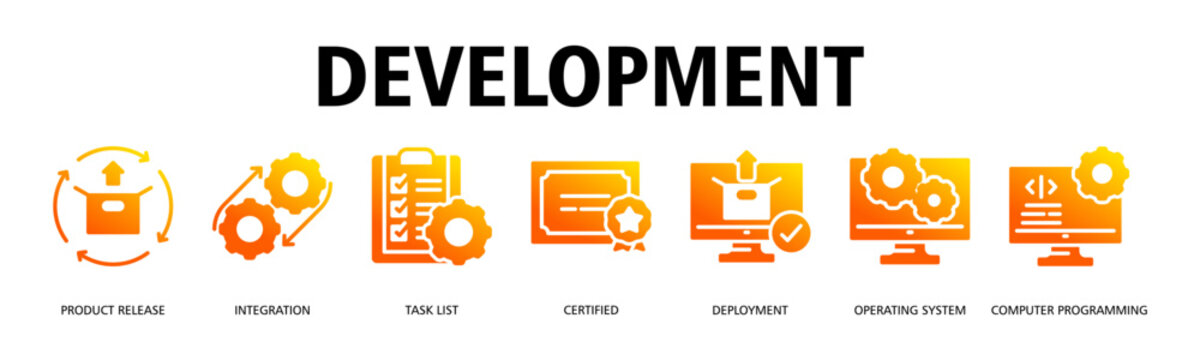 Development banner web icon vector illustration concept with icon of Product Release, Integration, Task List, Certified, Deployment, Operating System, Computer Programming
