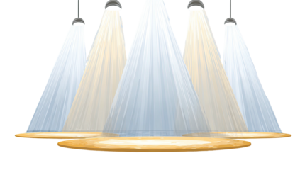 Five spotlights beam down, illuminating a stage-like floor