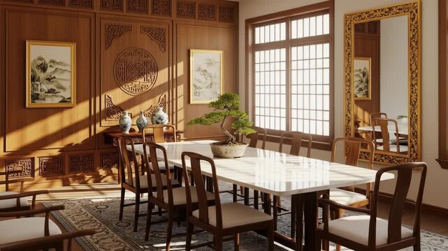 An elegant dining room with traditional wooden paneling, ornate gold mirror, paintings, and bonsai