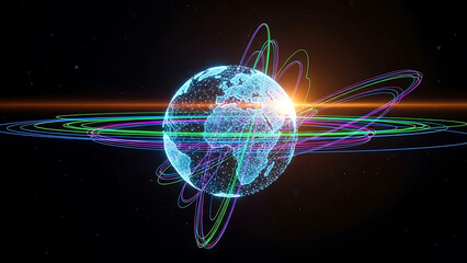 Glowing Blue World Globe with Colorful Orbiting Lines on Black