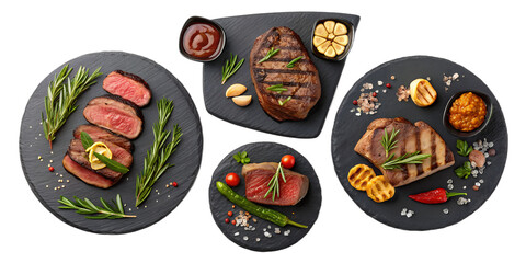Fototapeta premium Gourmet Steaks on Slate Plates PNG Set – Top View, Isolated on Transparent Background