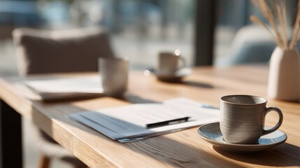 Fototapeta premium Morning coffee and paperwork on a wooden desk in a cozy sunlit cafe