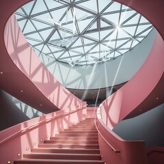 Obraz premium Pink Staircase to a Glass Dome - Modern Architecture and Design.
