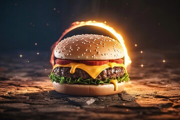 Cheeseburger sesame bun melted cheese lettuce tomato fiery ring smoke surreal background