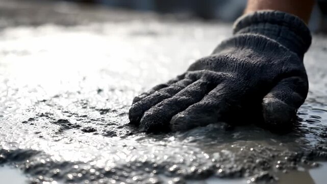 Gloved hand smoothing wet cement or mud on a construction site with bright backlight