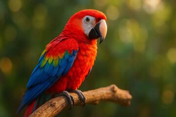 Vibrant scarlet macaw parrot perched on a branch in lush green tropical rainforest foliage