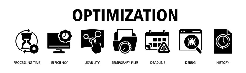 Optimization banner web icon vector illustration concept with icon of Processing Time, Efficiency, Usability, Temporary Files, Deadline, Debug, History
