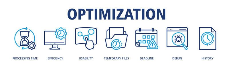 Optimization banner web icon vector illustration concept with icon of Processing Time, Efficiency, Usability, Temporary Files, Deadline, Debug, History
