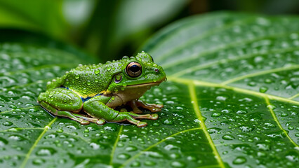 Obraz premium Green Tree Frog Resting on Dewy Tropical Leaf in Close Up