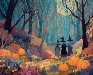Halloween celebration scene with witches and pumpkins in autumn forest