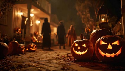Halloween celebration with pumpkins, jack-oa??-lanterns, costumes, spooky decorations, eerie setting