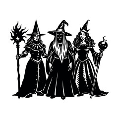Fototapeta premium Three witches standing with magical tools