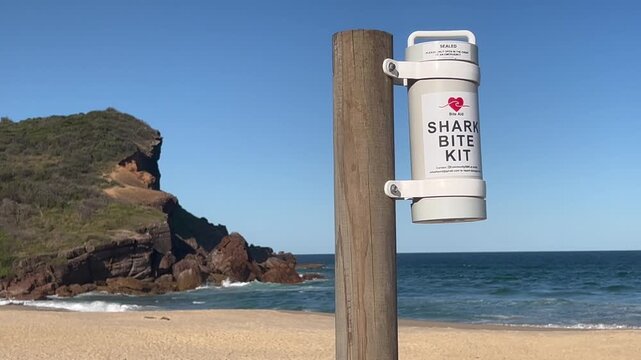 Shark bite kit on a remote Australian beach in New South Wales Australia.