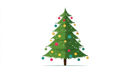 Fototapeta premium A Christmas tree, festive element, flat vector design, bright green with colorful baubles, isolated on white background.
