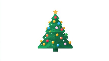 Obraz premium A Christmas tree, festive element, flat vector design, bright green with colorful baubles, isolated on white background.