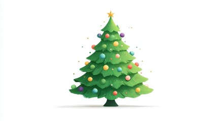 Obraz premium A Christmas tree, festive element, flat vector design, bright green with colorful baubles, isolated on white background.