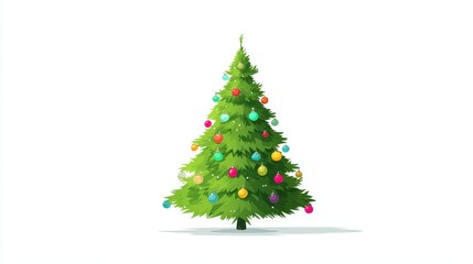 Obraz premium A Christmas tree, festive element, flat vector design, bright green with colorful baubles, isolated on white background.