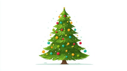 A Christmas tree, festive element, flat vector design, bright green with colorful baubles, isolated on white background.