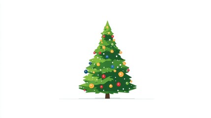 Obraz premium A Christmas tree, festive element, flat vector design, bright green with colorful baubles, isolated on white background.