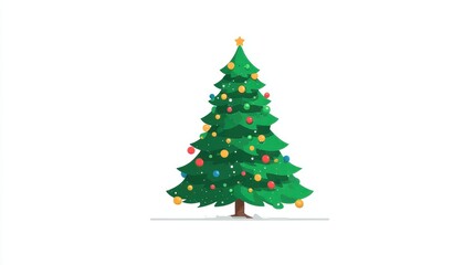 Fototapeta premium A Christmas tree, festive element, flat vector design, bright green with colorful baubles, isolated on white background.