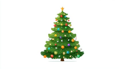 Obraz premium A Christmas tree, festive element, flat vector design, bright green with colorful baubles, isolated on white background.