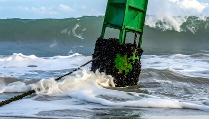 A green marine buoy partially submerged with crashing wave
