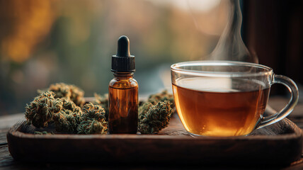Cannabis tea with tincture dropper showcases plant based wellness and calming self care, communicating alternative medicine, dosage, and daily ritual.
