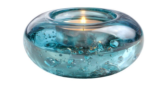 Floating glass bubble candle with glowing liquid wax core, futuristic aesthetic and transparent reflections, isolated on white background