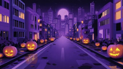 Halloween city night with purple vibes, jack-o-lanterns on road