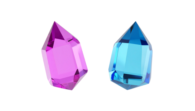 Two Large Polygonal Crystal Gems or Game Assets in Vibrant Pink and Blue Colors
