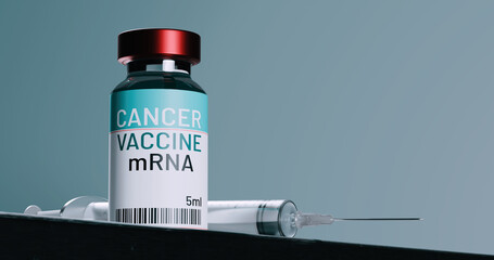 3d rendering of Cancer Vaccine bottle and syringe, mRNA-based vaccine triggers a response from the innate immune system to help arm the body against cancer