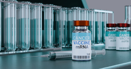 3d rendering of Cancer Vaccine bottle and syringe in labs, mRNA-based vaccine triggers a response from the innate immune system to help arm the body against cancer