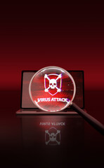 3d rendering of Magnifying glass magnifies pixels on the screen that are alerted to a Virus computer attack.