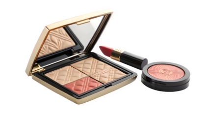 Elegant makeup set featuring eyeshadow blush and lipstick for beauty and cosmetic product photography on transparent background