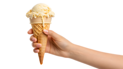 Hand holding a vanilla ice cream cone with melting ice cream against a plain black studio background on transparent background