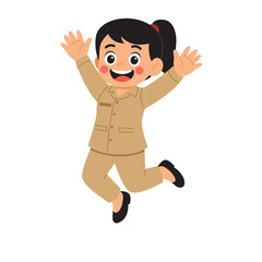 Cartoon girl in indonesian civil servant uniform jumping