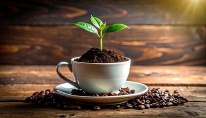 A seedling grows in a teacup filled with soil, set on coffee beans