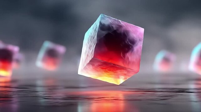 Abstract crystal cubes floating in a moody environment with soft lighting