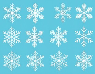 A collection of stylized white snowflakes on a vibrant blue background