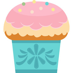 A sweet frosted cupcake with colorful sprinkles sits in a decorative teal wrapper featuring a floral design on a clean white background