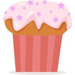 A Sweet Pink Frosted Cupcake with Star Sprinkles in a Pink Wrapper against a Transparent Background