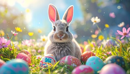 A cute bunny sitting in a flower field surrounded by decorated eggs