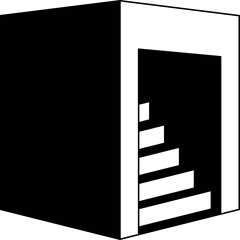 Abstract Black Cube With Open Door Revealing White Steps Illuminated By Ambient Light