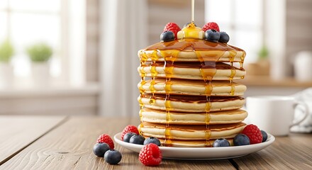 A towering stack of fluffy pancakes drizzled with golden syrup and fresh berries delightful breakfast composition