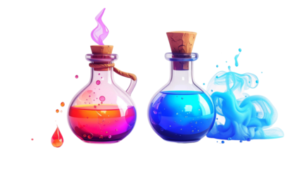 Two Glowing Fantasy Magic Potions in Glass Bottles with Corks, Steam, and Vibrant Liquid