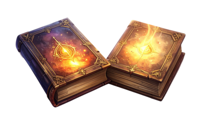 111 - Two tiny spellbook bundles with glowing dust isolated on transparent background.