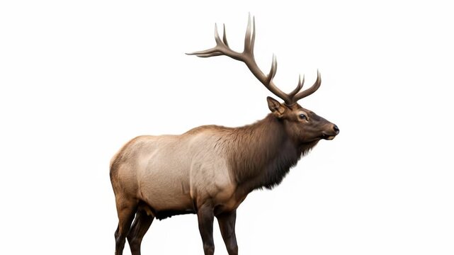 Majestic bull elk standing in profile on an isolated white backdrop