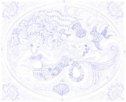 uneven  hand-drawn blue ballpoint pen drawing.
 A mermaid in the underwater world. Sea and ocean patterns.