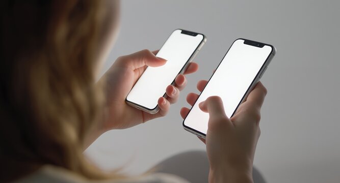 Hands interacting with two illuminated smartphone screens